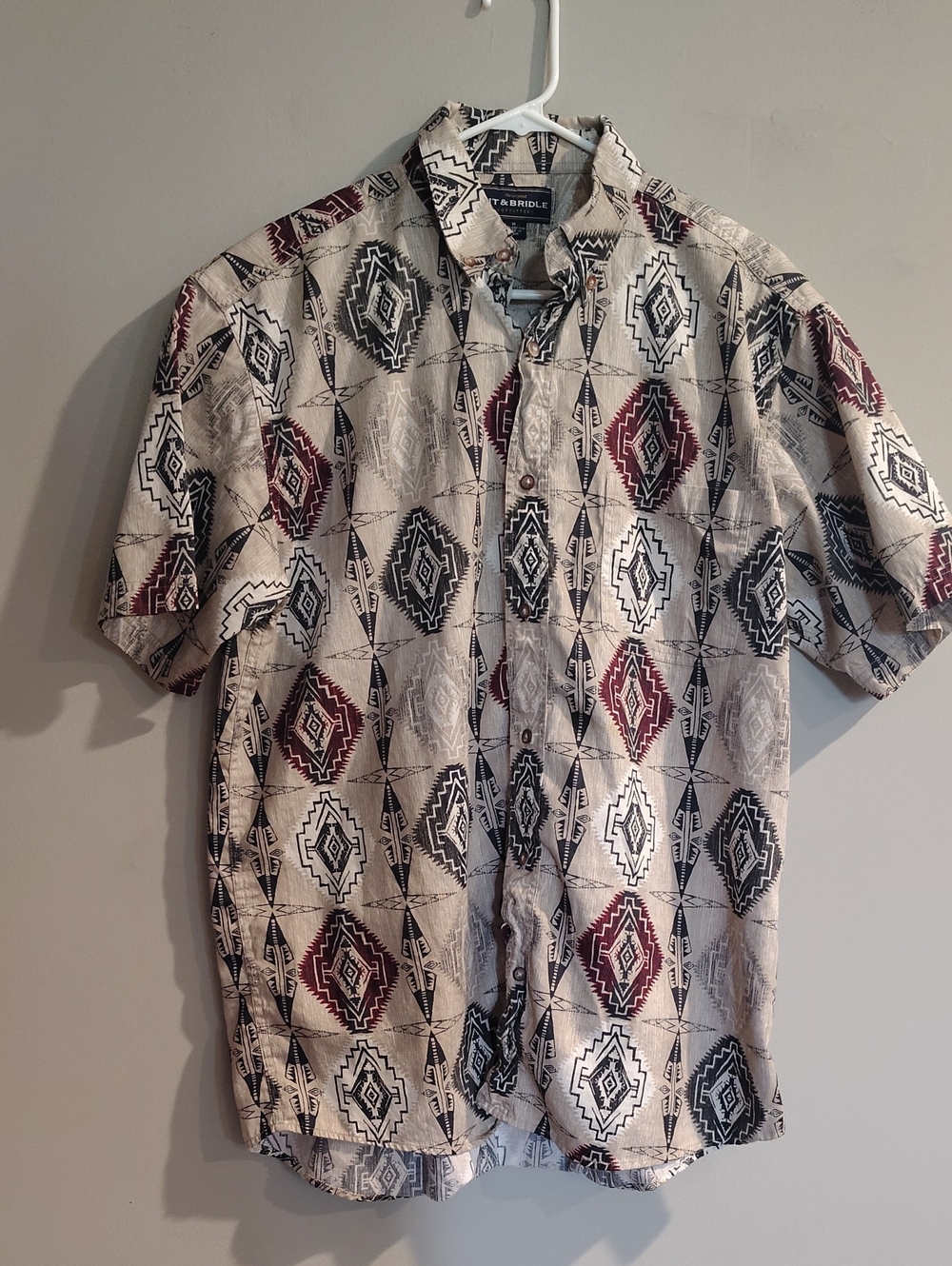 Vintage Bit & Bridle Mens Medium Cotton Beige Aztec Short-Sleeve Button-Down